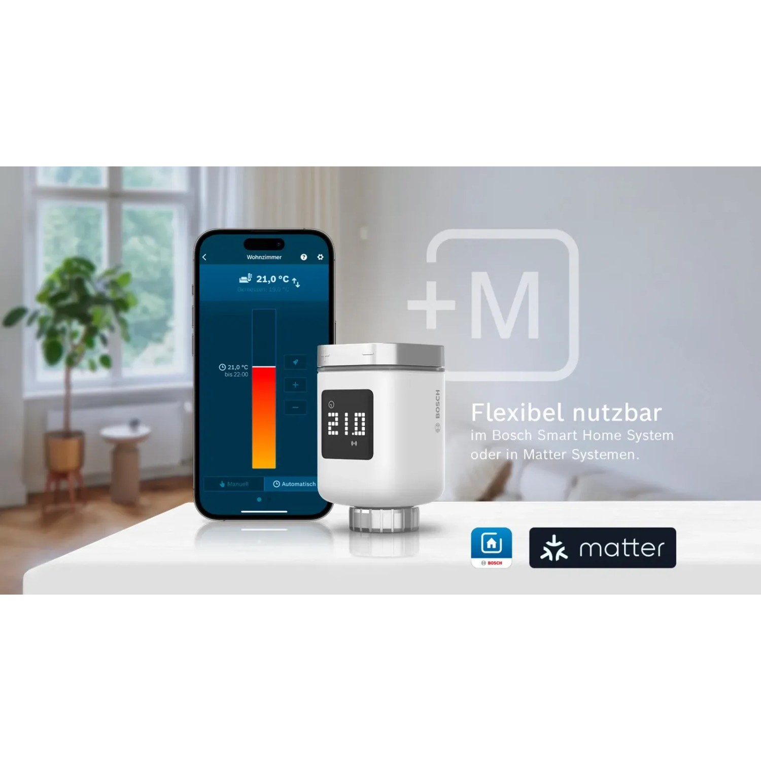 Bosch Smart Home Heizkörperthermostat II [+M] mit App-Steuerung und Matter-Kompatibilität.