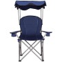 Blauer faltbarer Campingstuhl mit Sonnenschutz und zwei Getränkehaltern. Ideal für Garten und Camping.