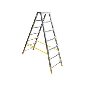 Doppelseitige Aluminium-Stufenstehleiter mit 7 Stufen, gelben Details und einer Höhe von 155 cm.