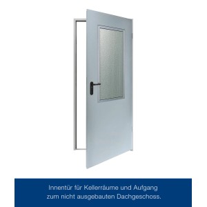 Geöffnete, verzinkte Hörmann ZK Tür mit Drückergarnitur und Glaseinsatz. Stahltür für Innenräume.