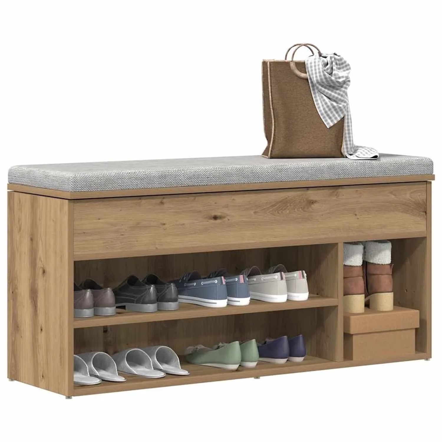 Schuhbank Artisan-Eiche mit grauem Polster, offenen Fächern für Schuhe und Stiefel. Praktische Sitzbank aus Holzwerkstoff.