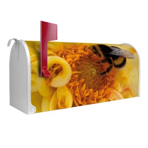 Weißer Banjado US Briefkasten mit Hummel Motiv auf gelber Blüte, rote Fahne.