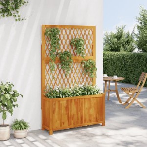 vidaXL Pflanzkübel mit Rankgitter aus Akazienholz, bepflanzt mit Blumen und Kletterpflanzen.