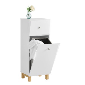SoBuy Wäscheschrank BZR93-W, weißes Badmöbel mit Schublade und ausklappbarem Wäschesack.