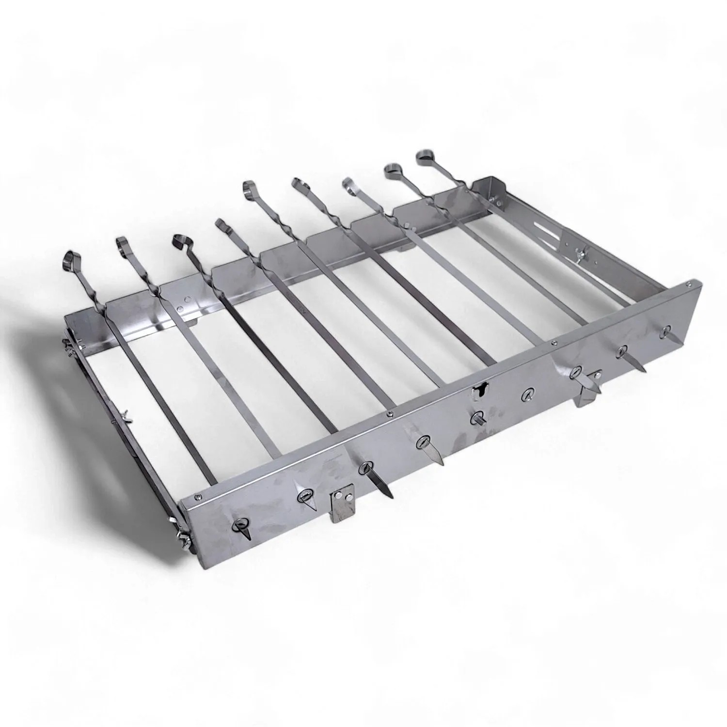Edelstahl Drehspieß für Schaschlikgrill mit 9 Spießen und Motor, ideal für Holzkohlegrills.