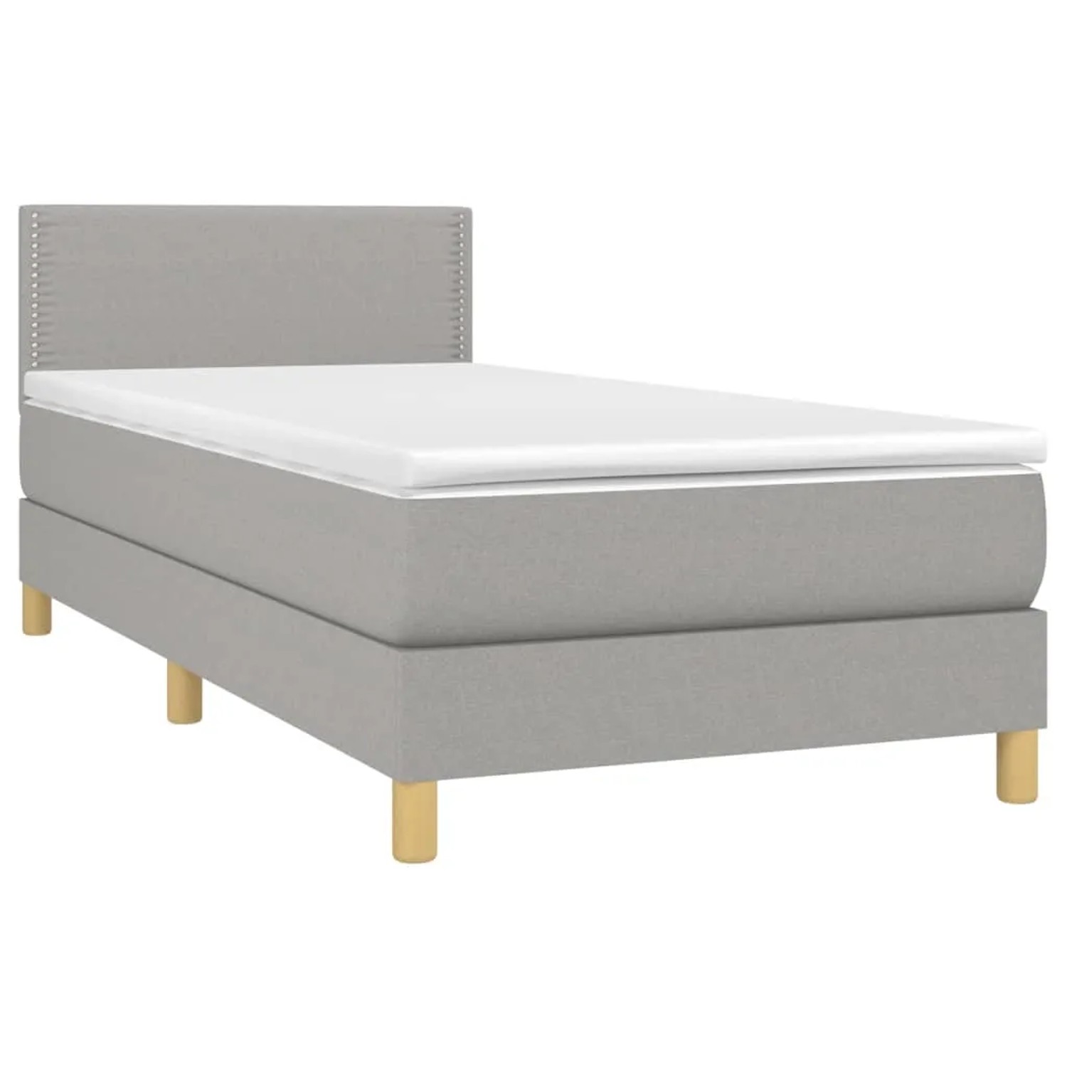 Helles, graues Boxspringbett 90x190 cm mit Matratze und Kopfteil.