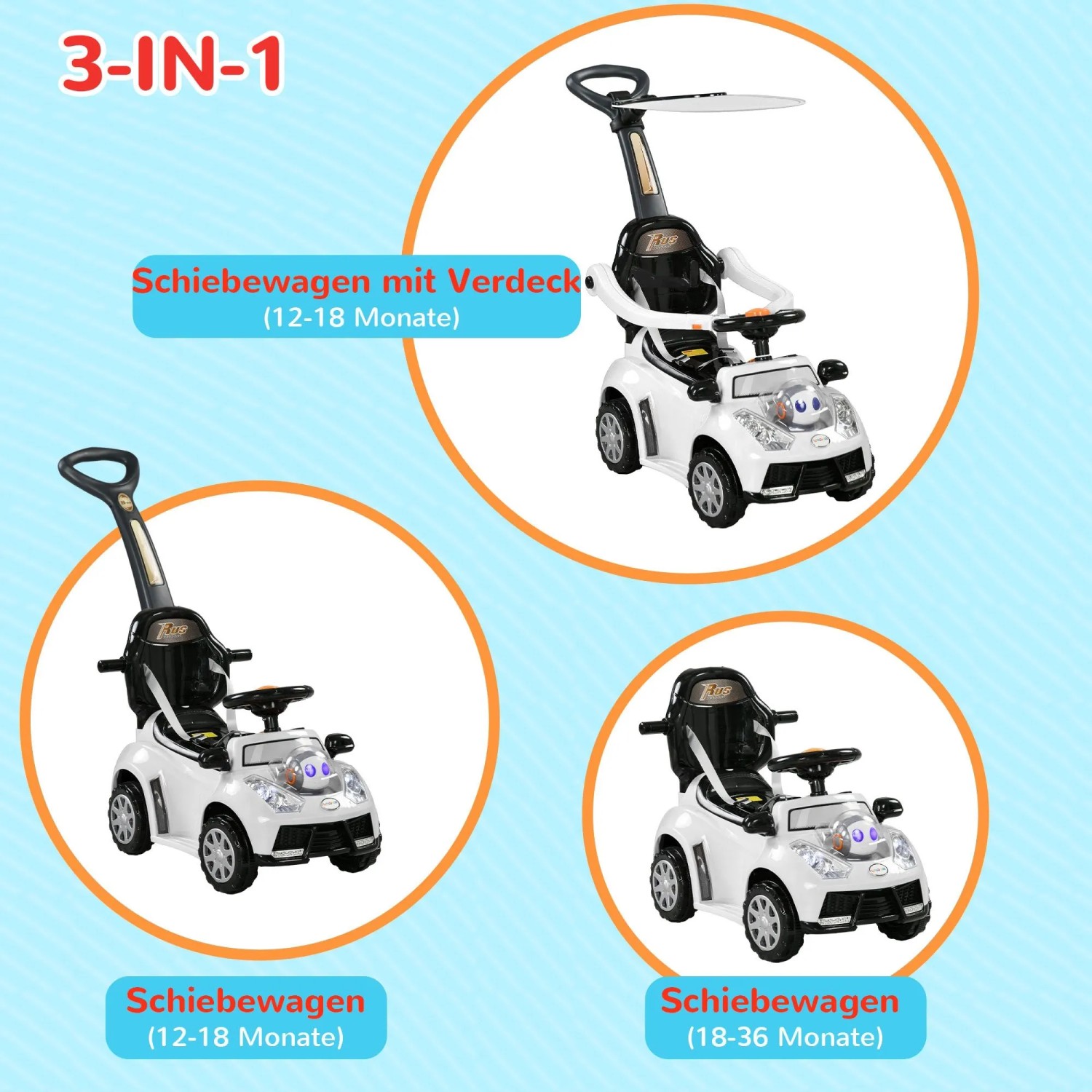 AIYAPLAY 3-in-1 Rutschauto in Weiß mit Schubstange, Rückenlehne und Sonnendach in drei Varianten.