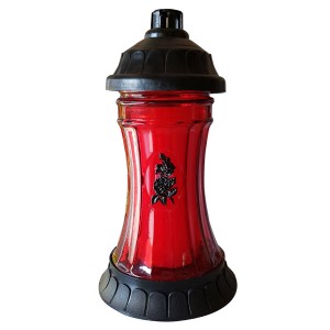 Rotes Ambrosius Glas-Grablicht Königslicht, Ø 12,5 cm, mit schwarzem Rosen-Dekor.