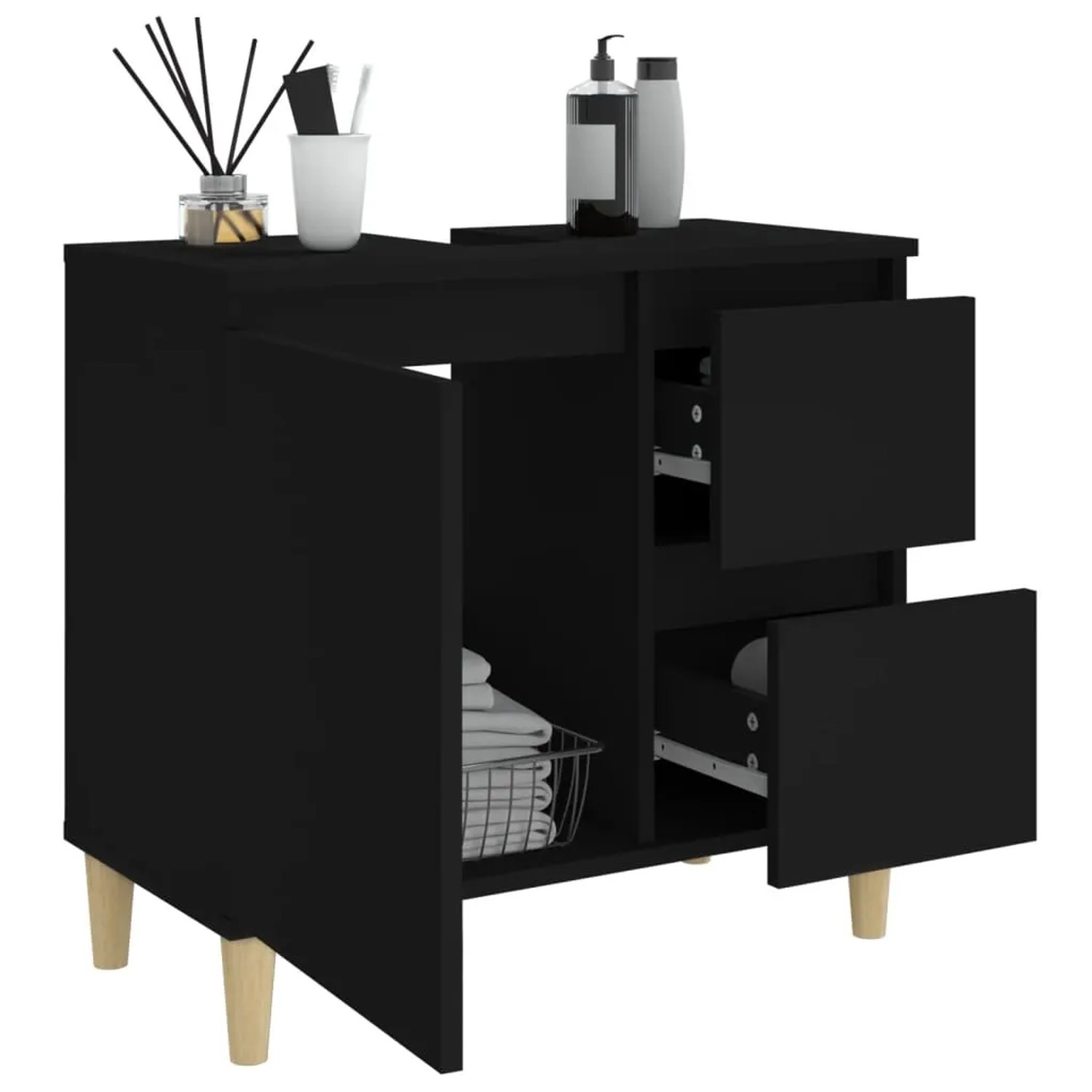 Schwarzer vidaXL Badschrank (65x33x60 cm) aus Holzwerkstoff mit zwei Schubladen und einem Fach.
