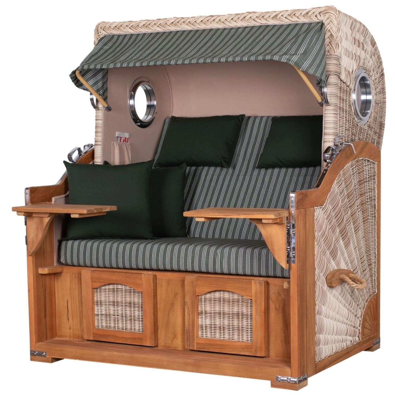 Strandkorb Ammersee Grande XL Teak mit Bullauge, Schutzhülle und Doppelrollen.