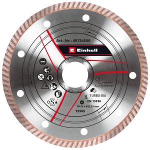 Einhell Diamant-Trennscheibe dünn 125 mm für Winkelschleifer. Silberne Scheibe mit segmentiertem Rand zum Trennen von Stein.