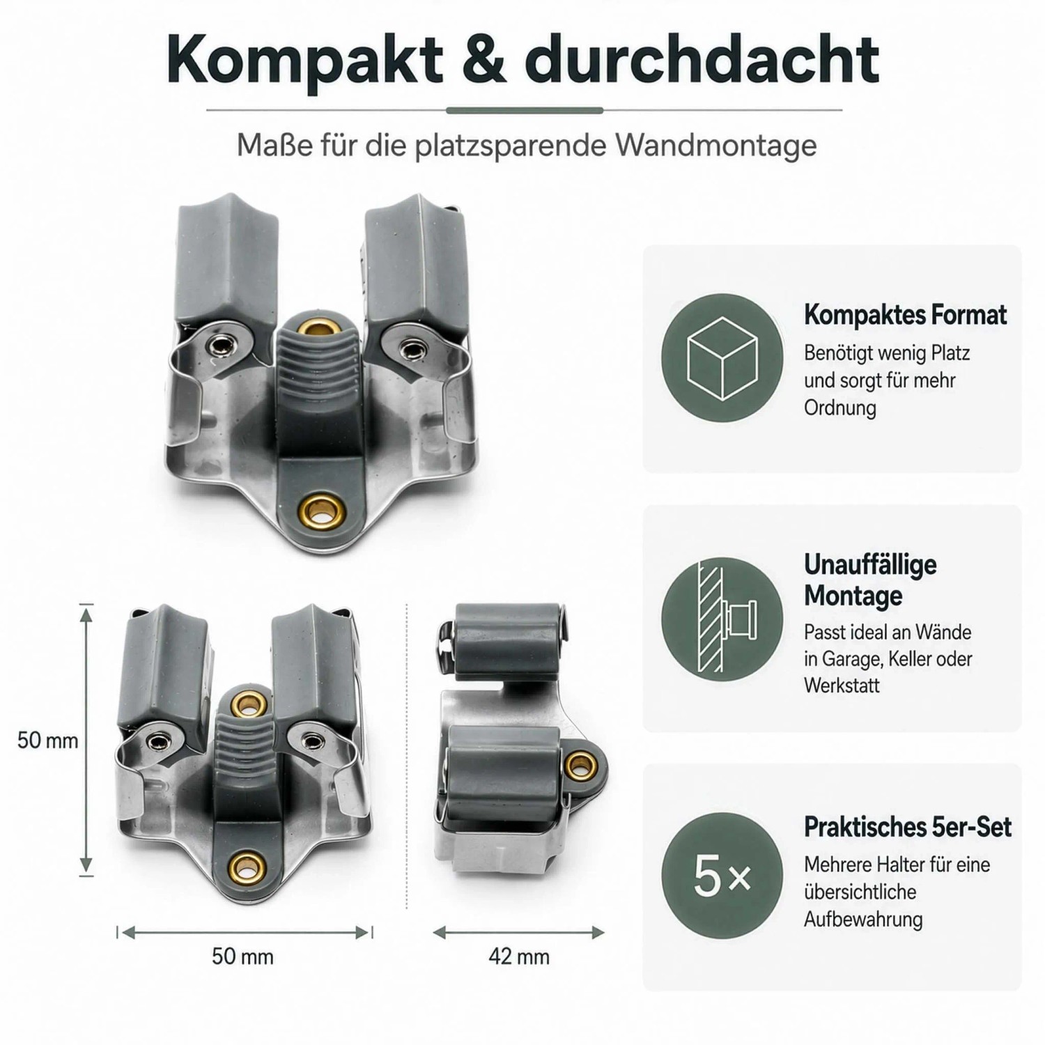 Wiltec Gerätehalter aus Stahl, grau, 50x50x42mm, für Wandmontage. Praktisches 5er-Set für Besen und Werkzeuge.