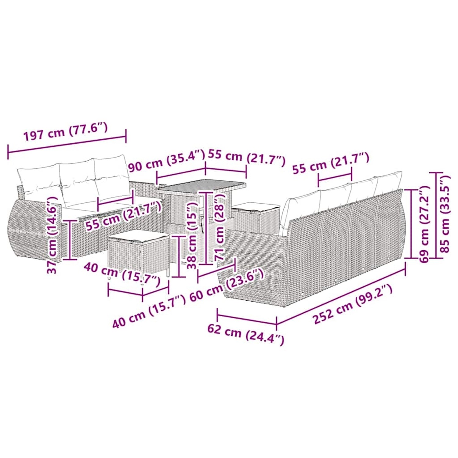 vidaXL Garten-Sofa-Set, 10-teilig, schwarz, Poly Rattan, mit Maßen. Gartenmöbel für Terrasse und Garten.