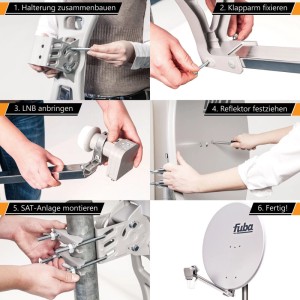 Fuba SAT Anlage 80cm grau: Montageanleitung mit Schritten für Halterung, LNB und Reflektor. Fertige Satellitenschüssel.