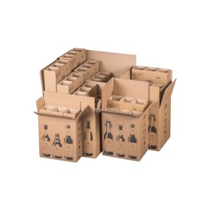 Set brauner Bierversandkartons aus Wellpappe mit Falthülsen für sicheren Flaschenversand.