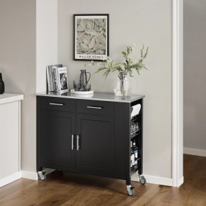 Schwarzer SoBuy Küchenwagen FKW108-SCH mit Edelstahlplatte und Rollen. Kücheninsel mit Schubladen und Türen.