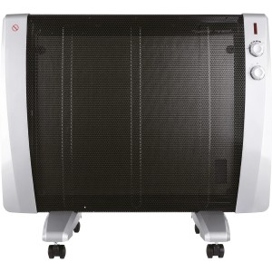 Grau-schwarzer Infrarot Wärmewellenheizer Taulo 1500 W mit Rollen und Thermostat.