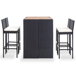 vidaXL Garten-Bar-Set, 5-teilig, schwarzes Rattan, Akazienholz-Tisch und 4 Barstühle mit cremefarbenen Kissen.