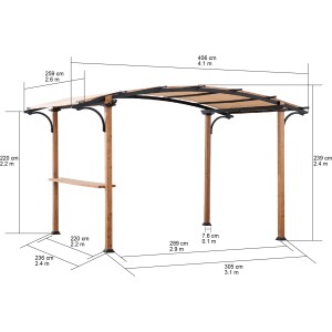 Sunjoy Pergola Skuta, 406x259 cm, beige Stoff, Holzoptik, mit Maßangaben.