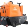 Orange-schwarze DAEWOO Aufsitz Kehrmaschine mit Lenkrad, Sitz und Seitenbürste für effiziente Bodenreinigung.