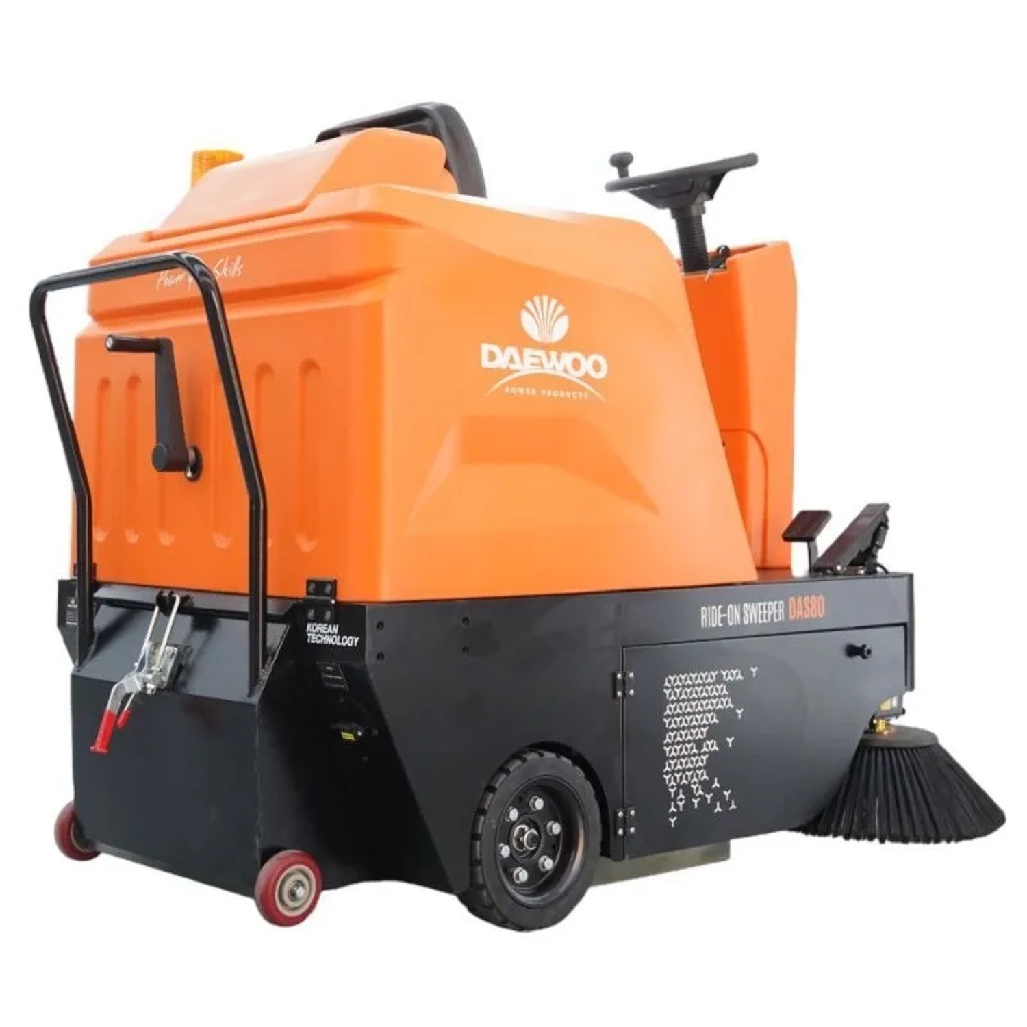 Orange-schwarze DAEWOO Aufsitz Kehrmaschine mit Lenkrad, Sitz und Seitenbürste für effiziente Bodenreinigung.