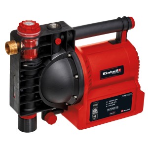 Einhell GE-AW 1042 FS Hauswasserautomat: Rote Gartenpumpe mit schwarzem Griff und Vorfilter.