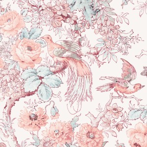 Laura Ashley Vliestapete Birtle Blush mit Blumen, Vögeln und Ästen in zarten Farben.