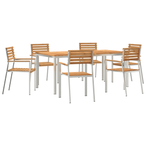 7-teiliges Garten Esstisch Set aus Teakholz mit 6 Stühlen und rechteckigem Tisch.