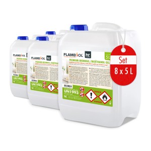 Set aus 8 Kanistern Flambiol Premium Brenngel, je 5 Liter, für Kamine und Öfen.