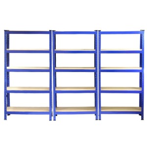 3 blaue Monstershop T-Rax Lagerregale (75cm) mit je 5 Böden. Ideal für Garage, Lager oder Werkstatt.