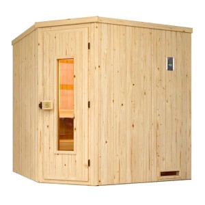 Weka Element-Ecksauna Varberg aus Fichtenholz mit Holztür und kleinem Fenster.