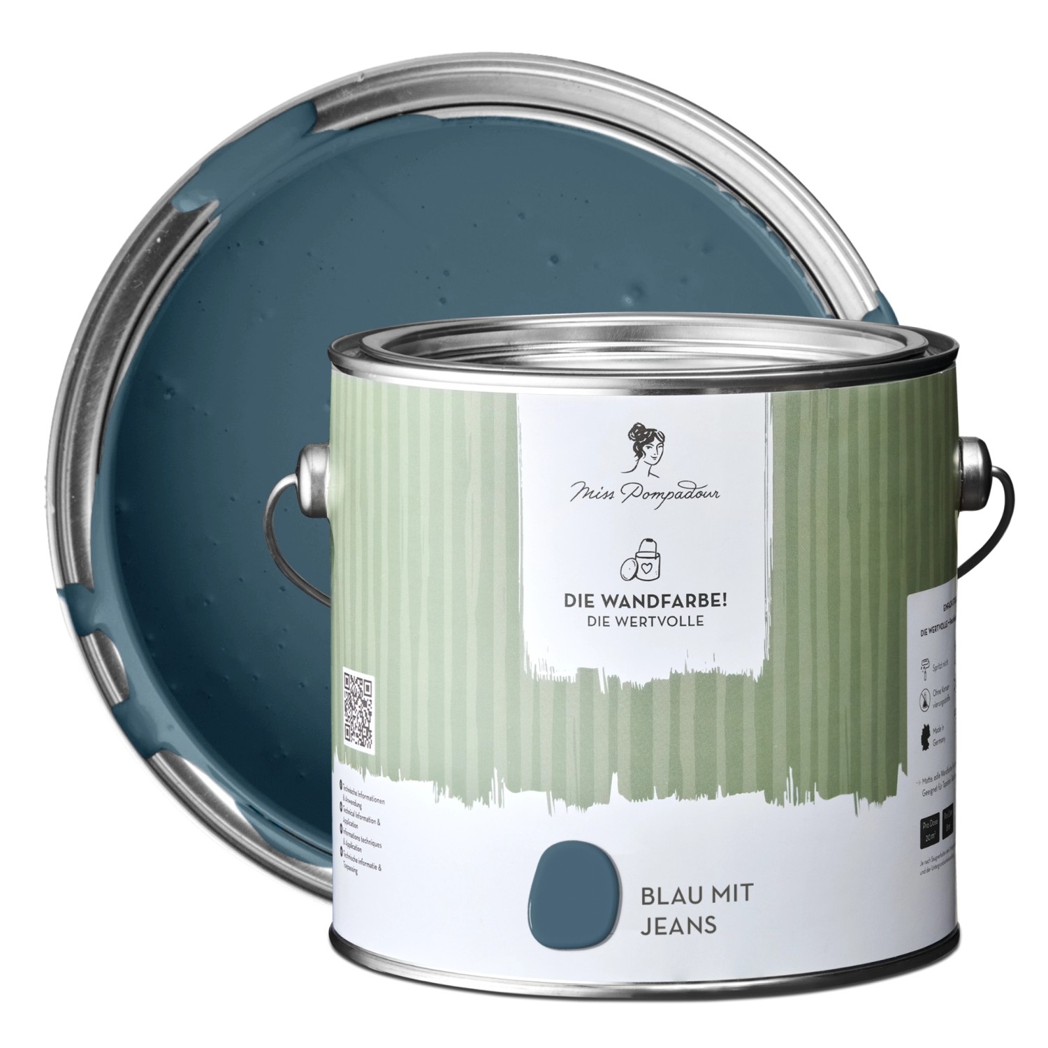 MissPompadour Extramatte Wandfarbe Blau mit Jeans 2,5L Hochdeckend Spritzfrei