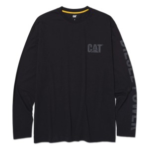 Schwarzer CAT Diesel Power Langarm-Pullover aus Baumwolle mit Rundhals. Logo auf Brust, Schriftzug am Ärmel. Arbeitskleidung.