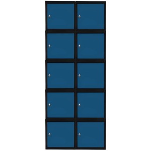 10 PROREGAL Schließfachwürfel Blocky, anthrazit mit enzianblauen Türen und Drehriegelschlössern für sichere Aufbewahrung.