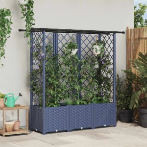 Graues vidaXL Hochbeet mit Rankgitter und oberer Stange für Kletterpflanzen. Ideal für Garten & Balkon.
