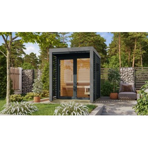 Karibu Saunahaus Seros 1 mit Ofen, anthrazit/graualuminium, mit Terrasse im Garten.