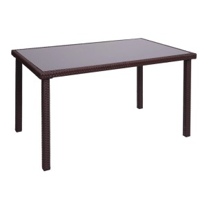 Brauner Poly-Rattan Gartentisch mit rechteckiger Glasplatte. Robustes Flechtwerk, ideal für Terrasse & Balkon.
