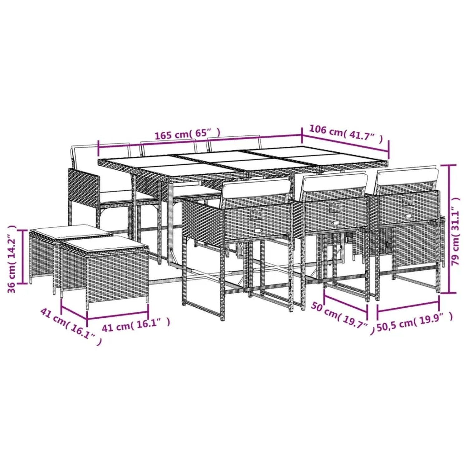 vidaXL 11-tlg. Garten Essgruppe aus Poly Rattan in Braun mit Tisch, Stühlen und Hockern mit cremefarbenen Kissen.