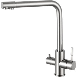 AICA Wasserhahn Silber Küche Spültischarmatur 3-Wege mit Trinkwasserfilter 2-Hebel Design für Doppelspülen 360° Schwenkbar
