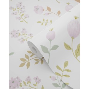 ESTAhome Vliestapete mit Blumenmuster in Violett und Graugrün, 50x900 cm.
