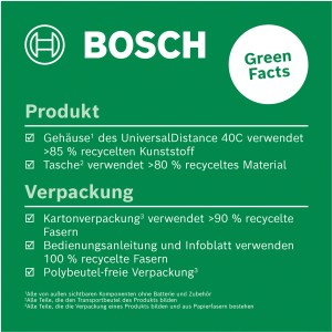 Nachhaltigkeit: Bosch UniversalDistance 40 C Laser Entfernungsmesser – recycelte Materialien und Verpackung.