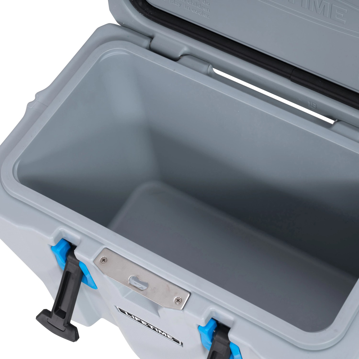 Offene graue Lifetime Kühlbox, 26,5 Liter, Campingbox mit blauem Akzent.