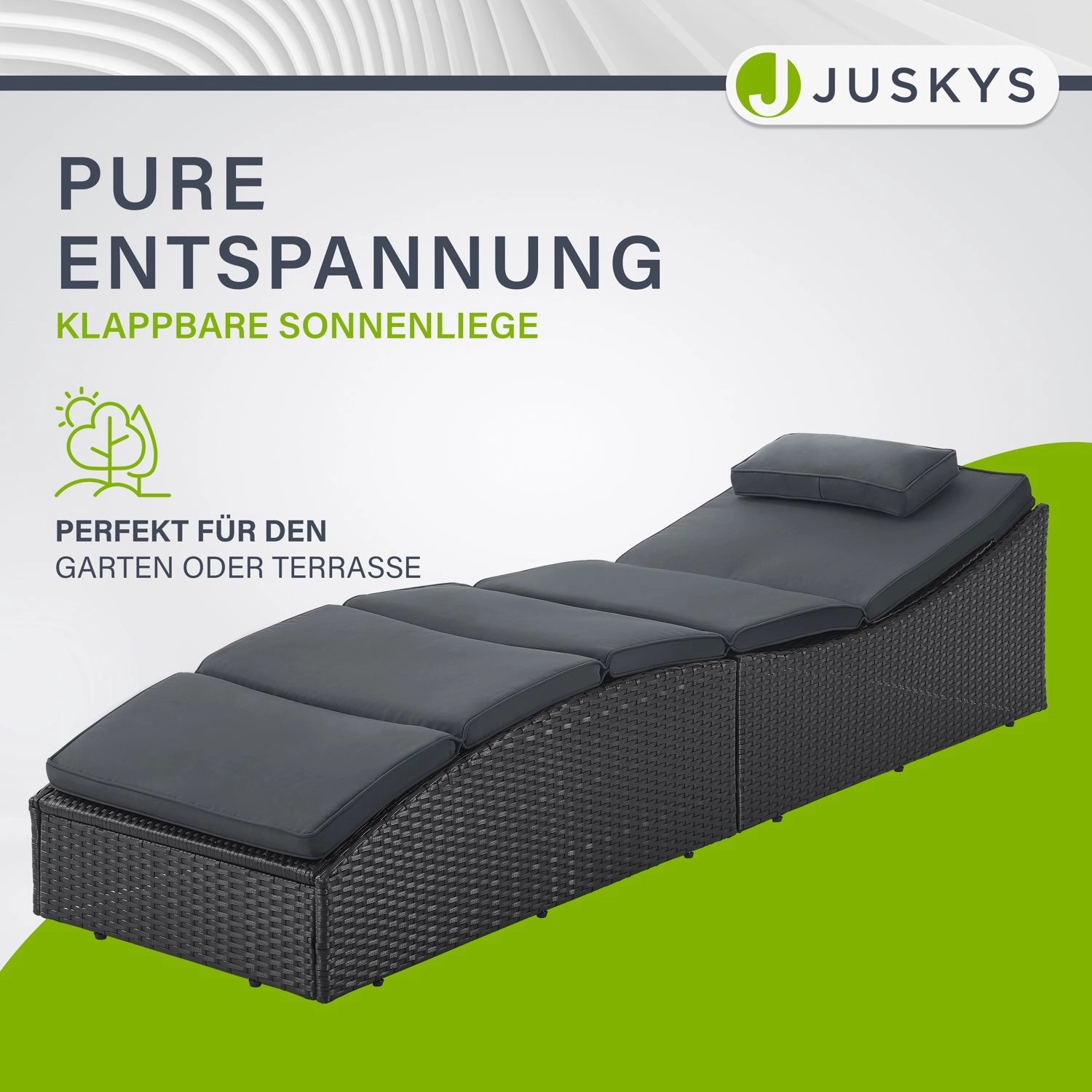 Schwarze Juskys Sonnenliege Lamia, klappbar mit grauer Auflage und verstellbarem Kopfteil.