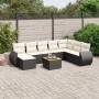 Schwarze 9-tlg. Garten-Sofagarnitur aus Poly Rattan mit cremeweißen Kissen und Tisch. Ideal für Terrasse und Garten.