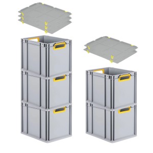 PROREGAL Spar Set: 5 graue Euroboxen mit gelben Griffen und Auflagedeckel, gestapelt.