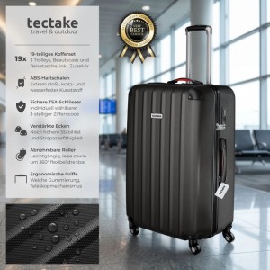 Dunkelgrauer Tectake Hartschalenkoffer aus ABS mit Teleskopgriff, TSA-Schloss und Rollen im Flughafen. Teil des 19-teiligen Cleo Sets.