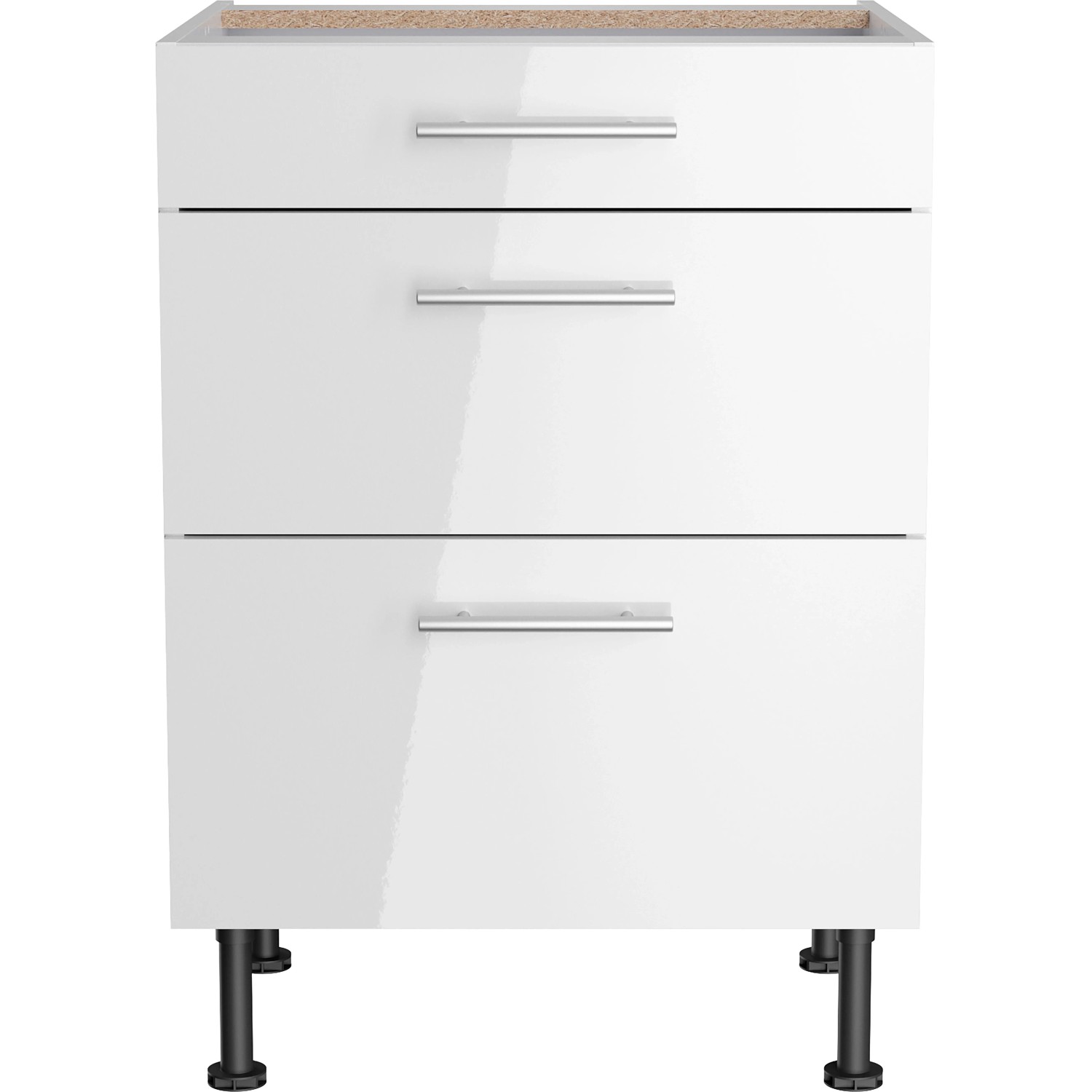 Optifit Unterschrank Rurik986, 60 cm breit, mit 3 Auszügen und weißen Hochglanzfronten.