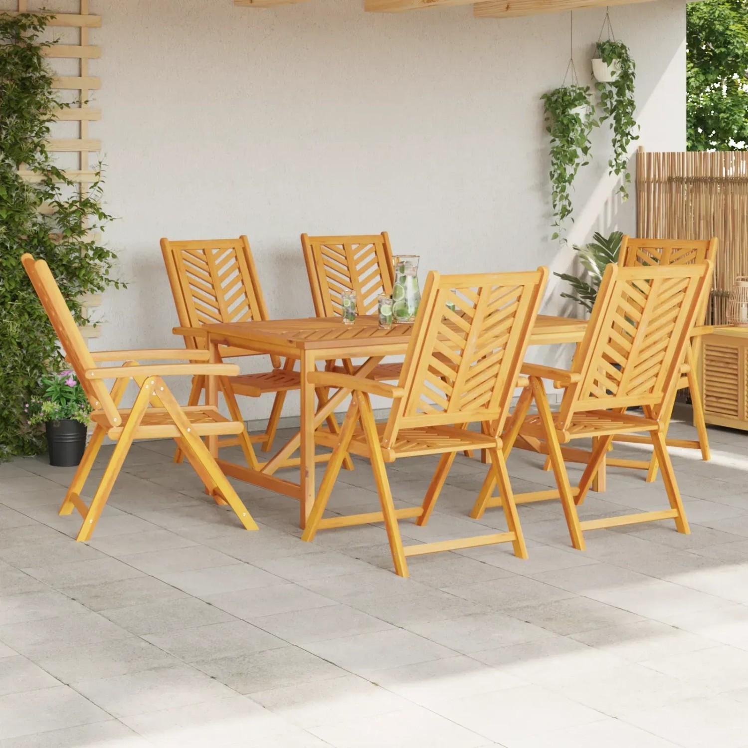 6 verstellbare Gartenstühle aus Akazienholz von vidaXL. Holzstühle mit Armlehne und Blattmuster auf der Rückenlehne.