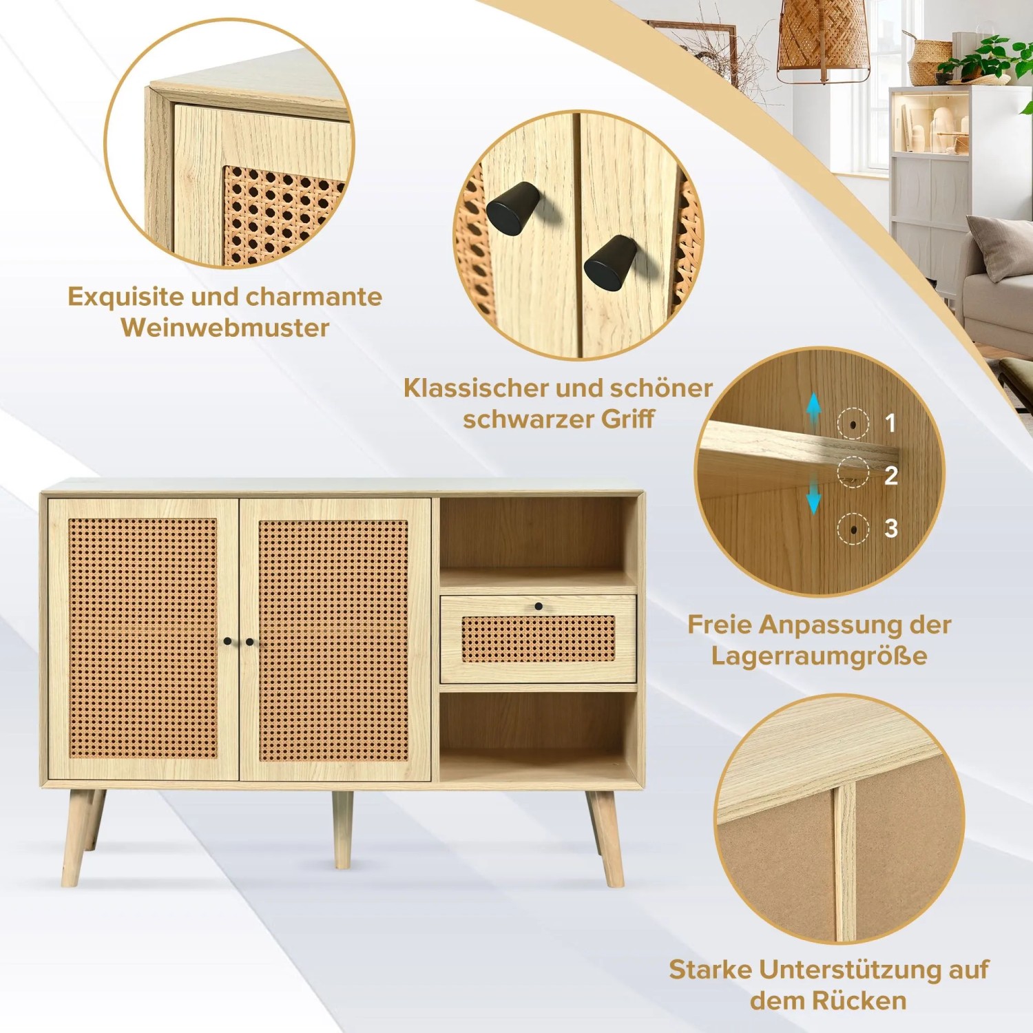 Merax Sideboard 120x40x80 cm Eiche Rattan 1 Schublade 2 Türen Verstellbare Ablagen_7