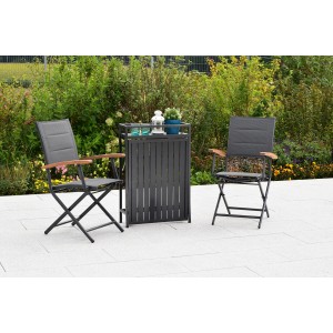 Merxx Paxos Gartenmöbel-Set: Klappsessel und Balkontisch aus Aluminium, Textil und Akazie.